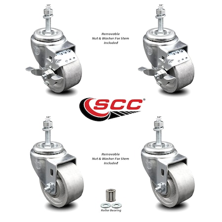Service Caster Semi Steel Swivel TS Caster w/Roller Bearing-3" Wheels&3/8" Stems-2 w/BRK, 4PK SCC-TS20S315-SSR-381615-2-TLB-2